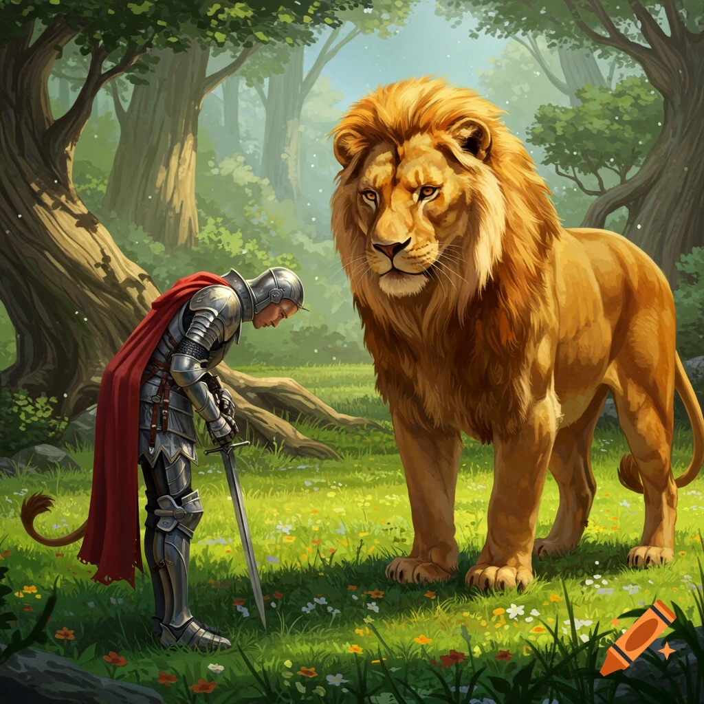 A knight bowing to a large lion in a forest.