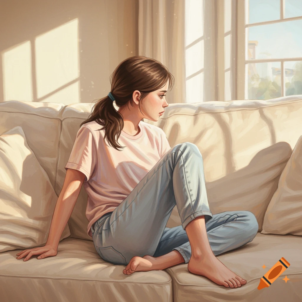 A young woman sits on a couch in a sunlit room