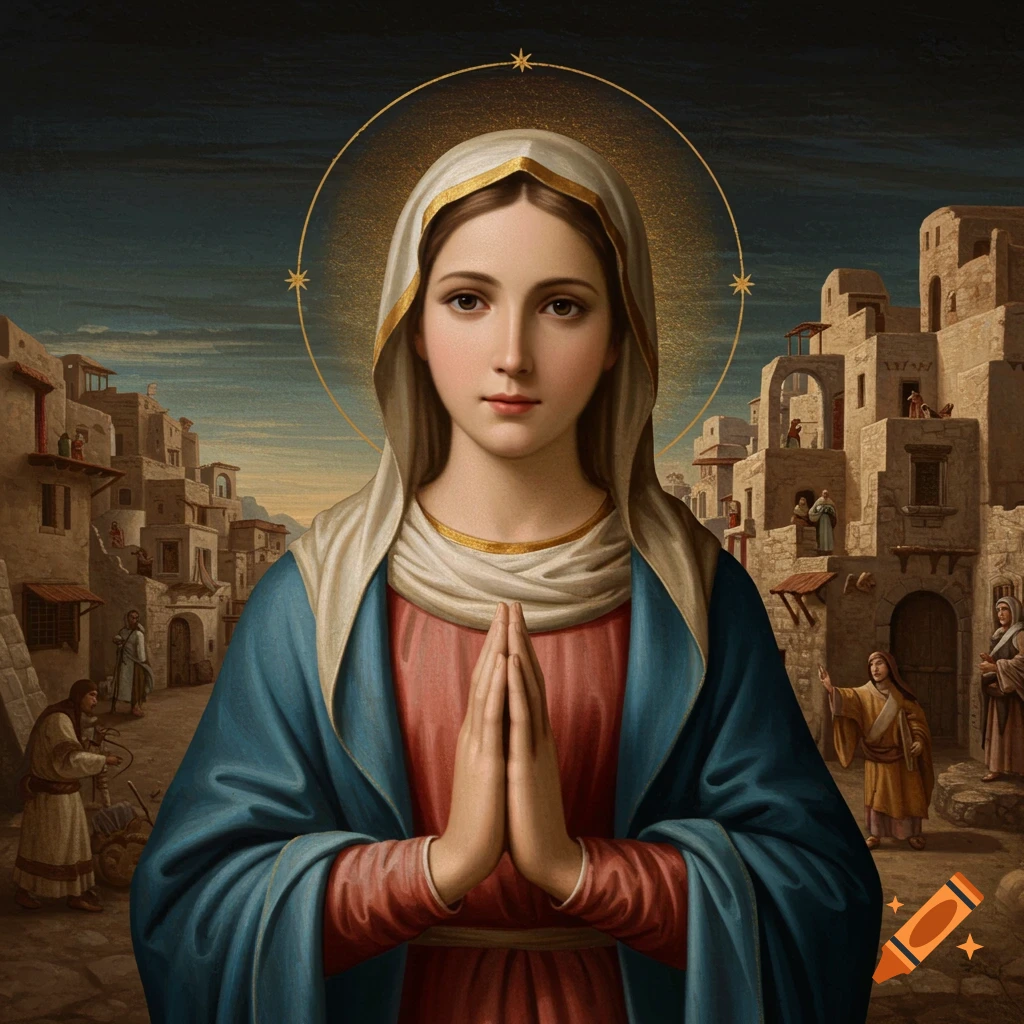 Painting of Mary praying in a historical town