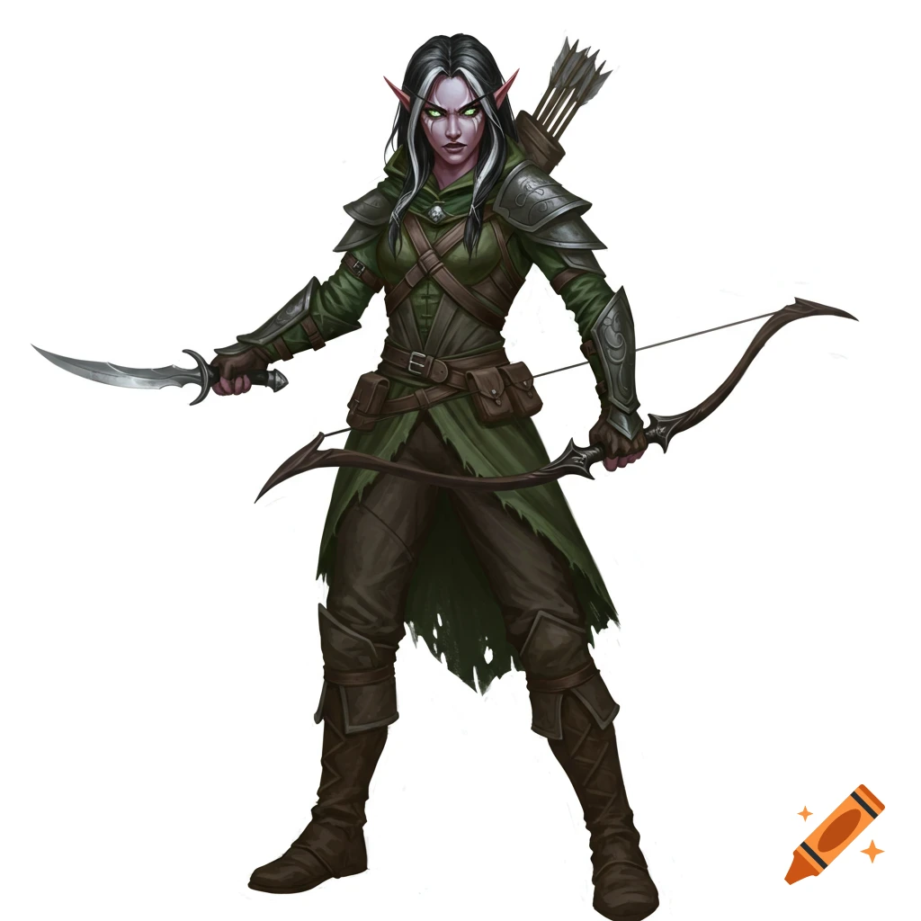 A female fantasy character holding a dagger and bow, standing on a white background.