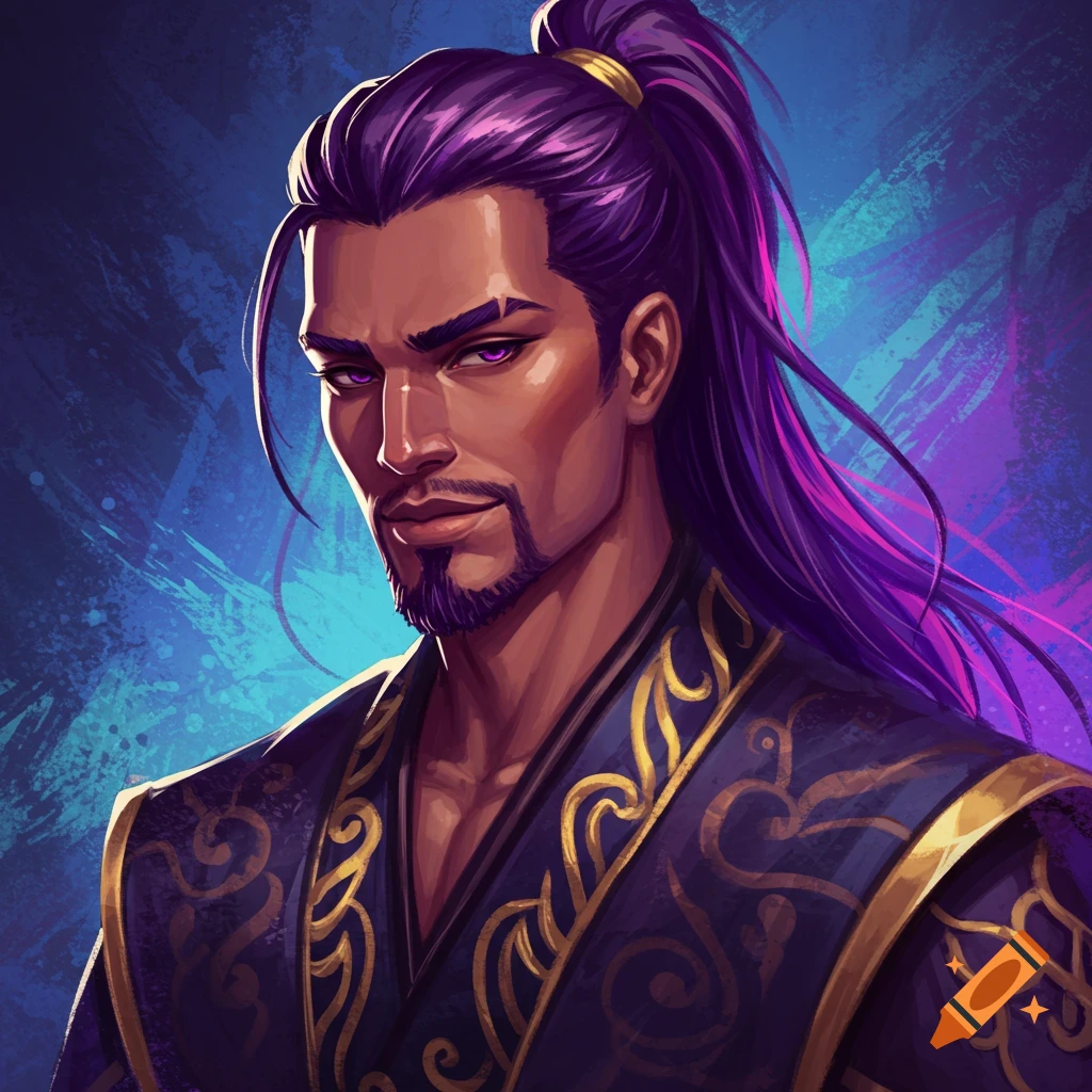A portrait of a man with dark skin and long purple hair in a ponytail, wearing a dark robe with gold trim.