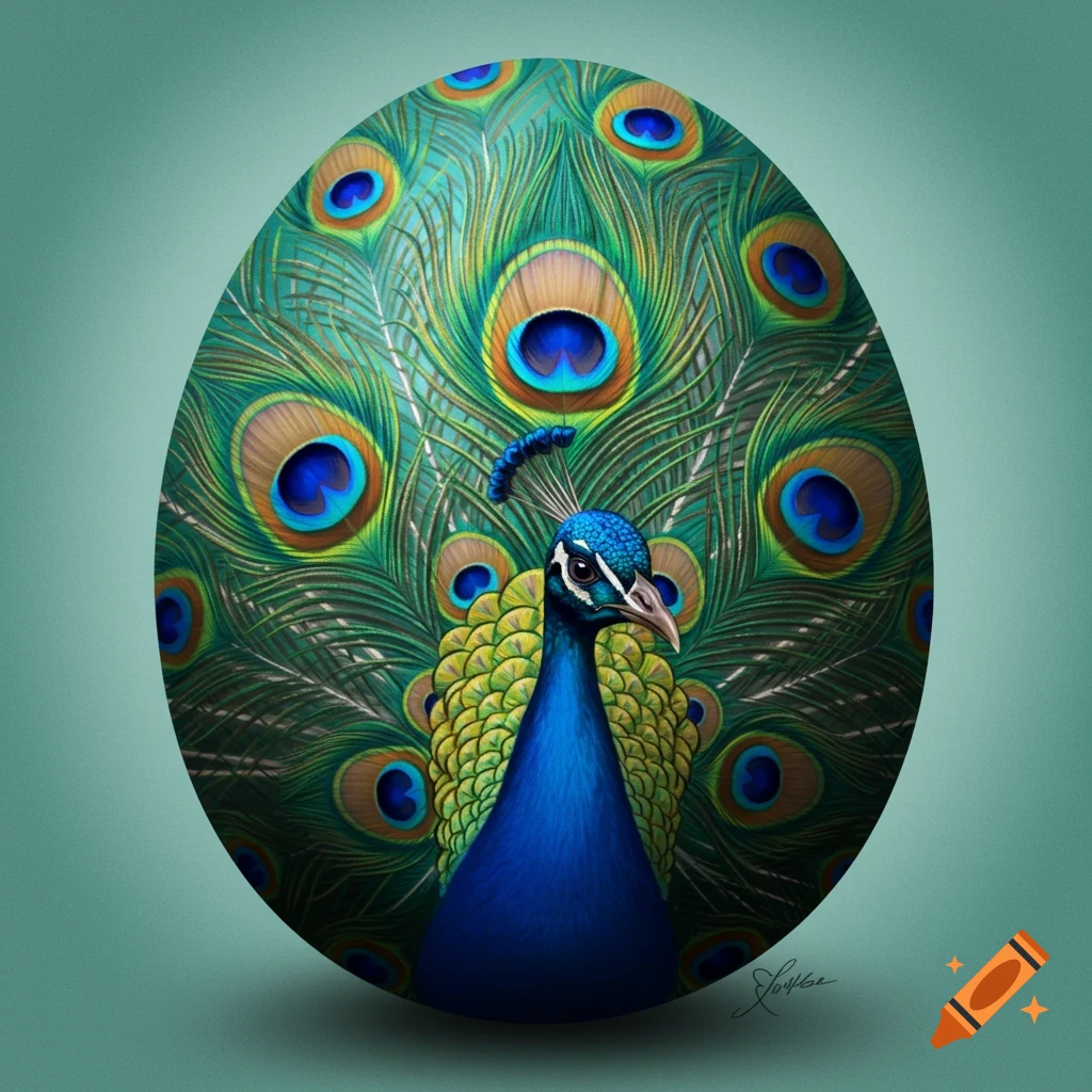 A peacock inside an egg shape