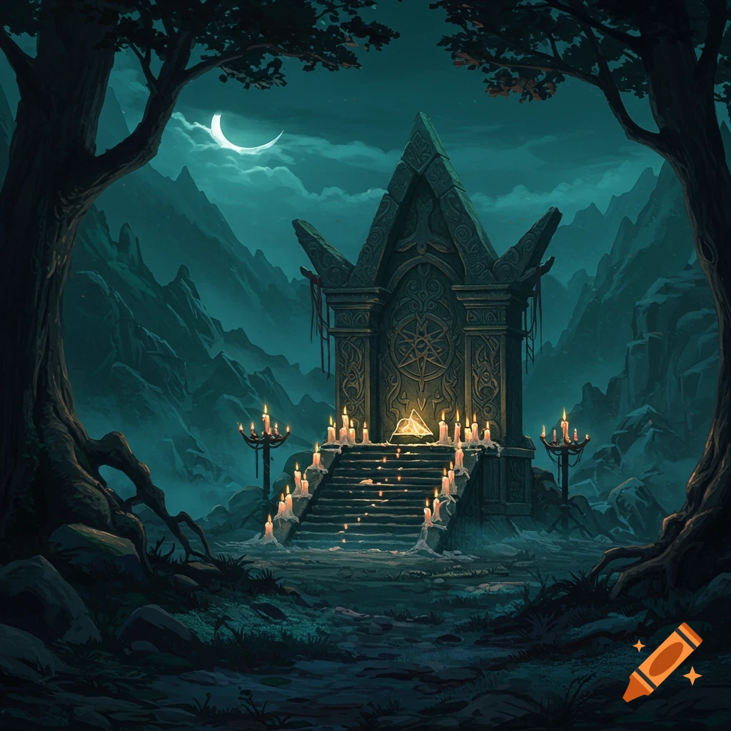 A pagan altar sits nestled in the mountains at night, surrounded by trees and lit candles under a crescent moon.
