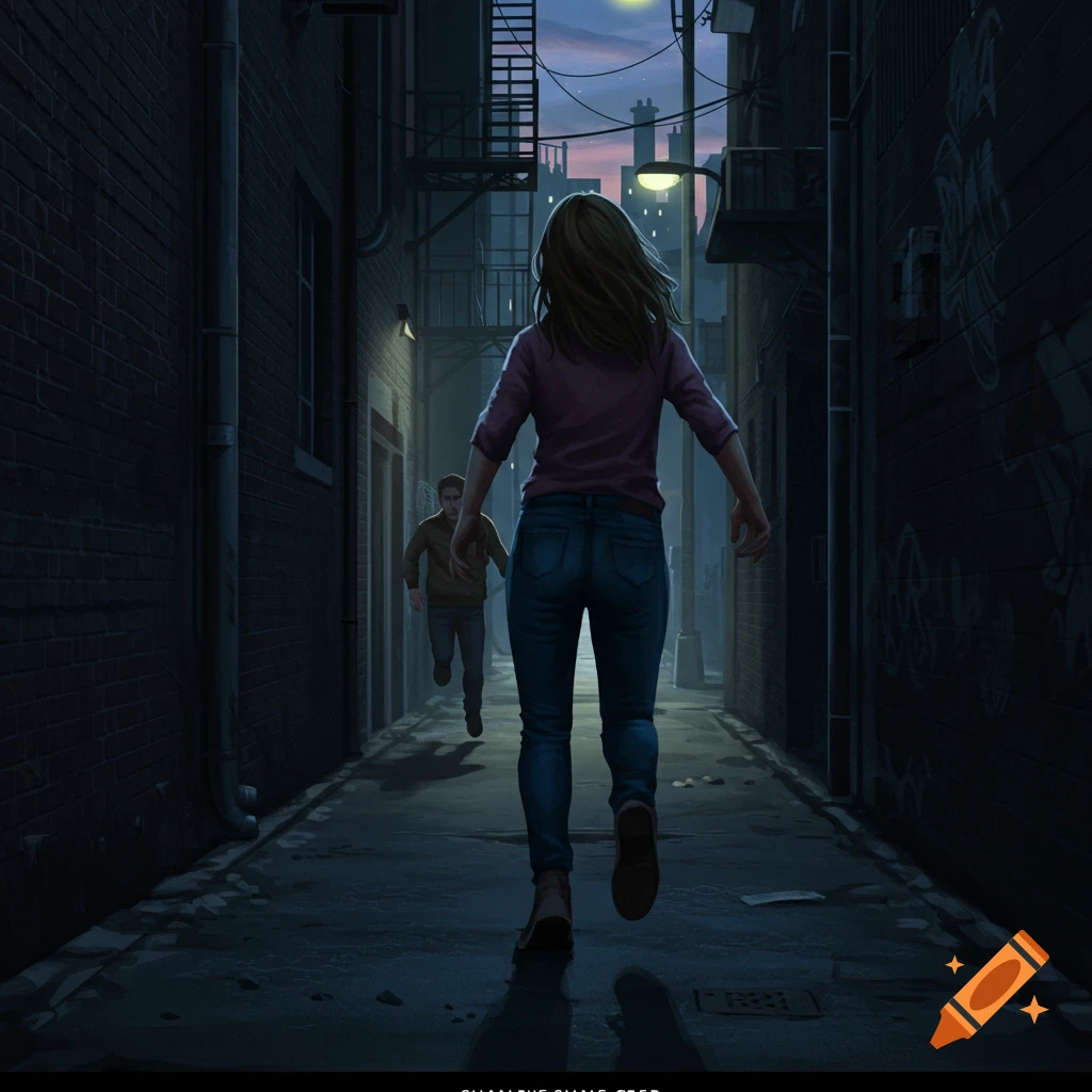 A woman runs away from a man in a dark urban alley at dusk.