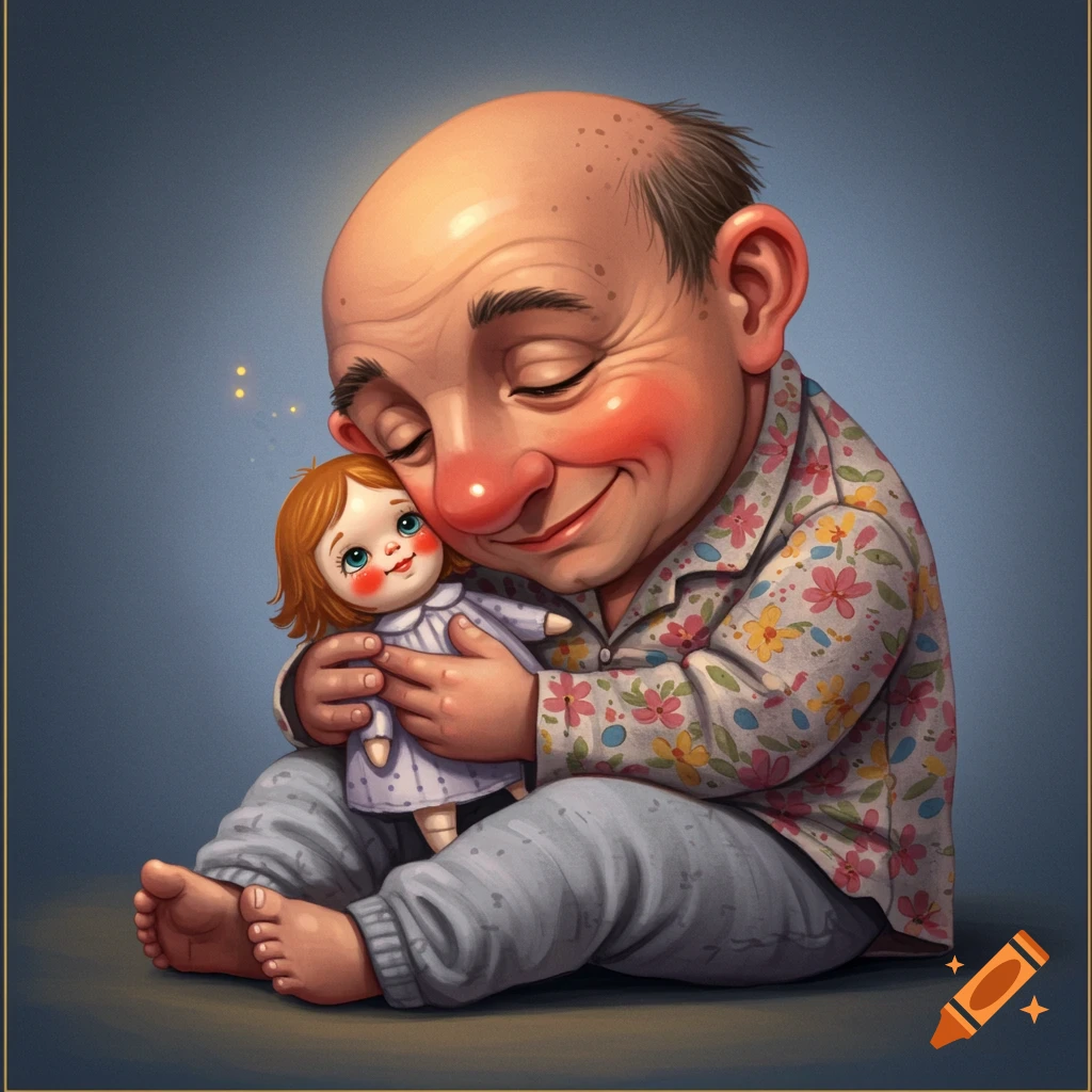 Whimsical illustration of a bald man with rosy cheeks hugging a porcelain doll.