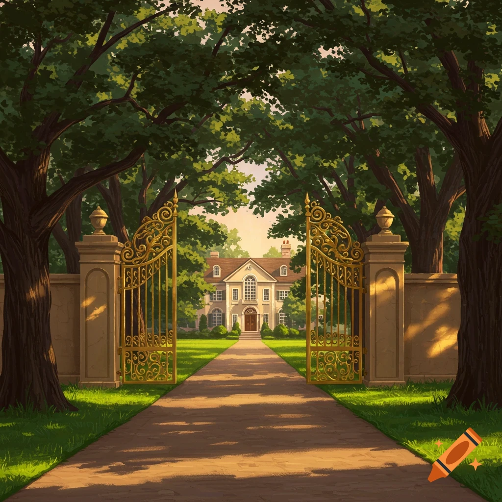 A large house is seen through open golden gates with a long driveway lined by trees.