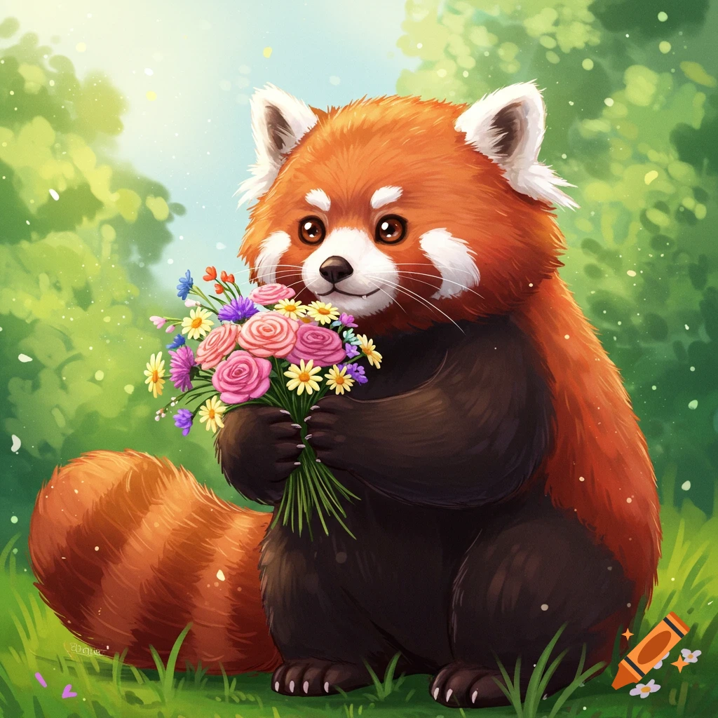 A cute red panda holding a bouquet of colorful flowers in a sunny forest clearing.