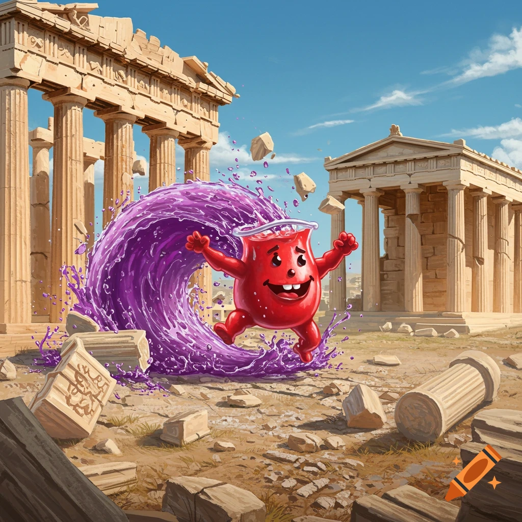 The Kool-Aid Man bursts through purple liquid, destroying ancient Greek ruins