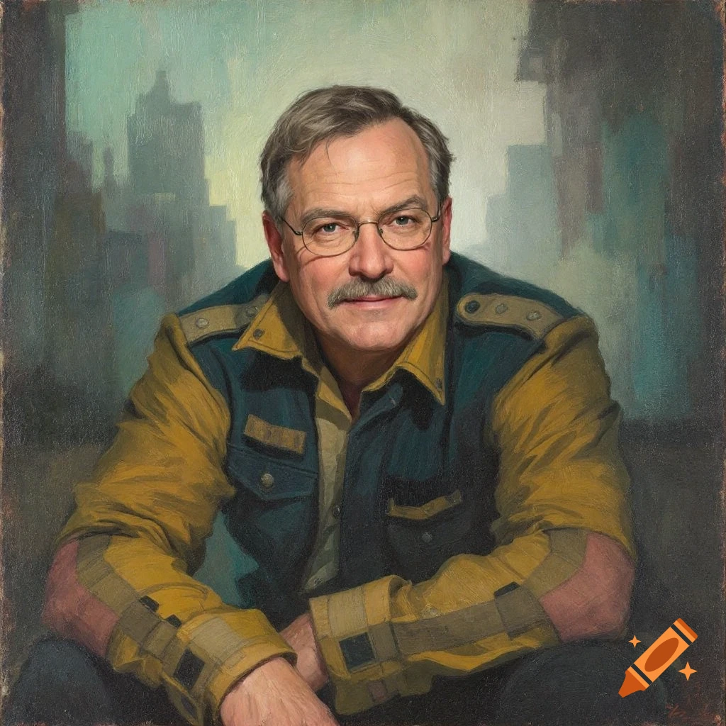 Portrait painting of a man with a mustache and glasses wearing a military-style jacket against a blurred city background.