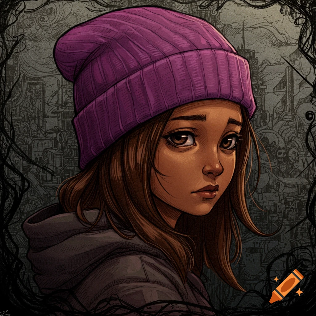 Illustration of a young girl with a purple beanie and tan skin against a detailed dark background.