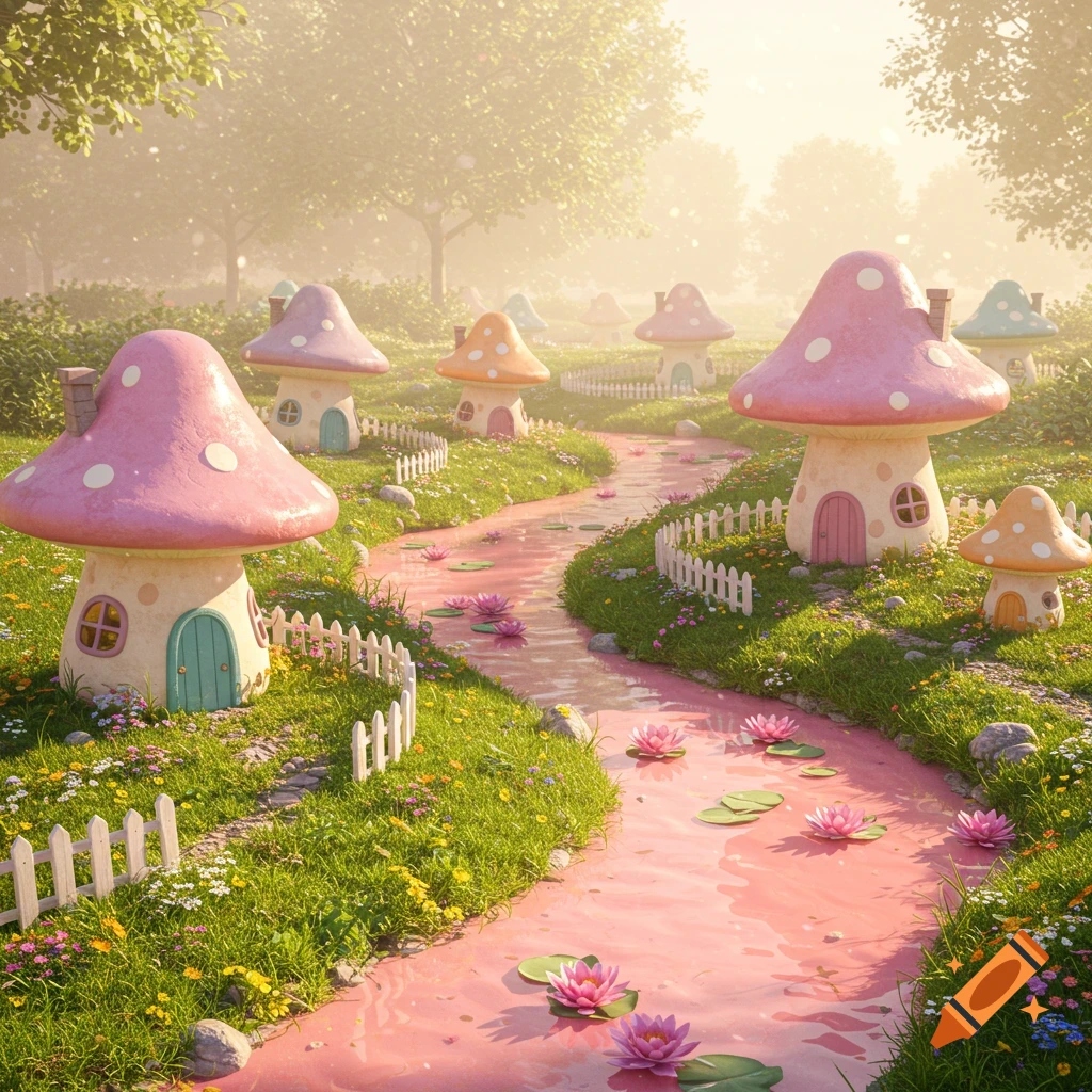 Fairy tale landscape with mushroom houses, a pink river, and flowering meadows under a hazy sky.
