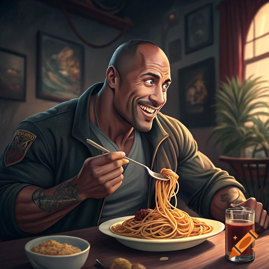A bald man resembling Dwayne "The Rock" Johnson enthusiastically eats a plate of spaghetti at a table.