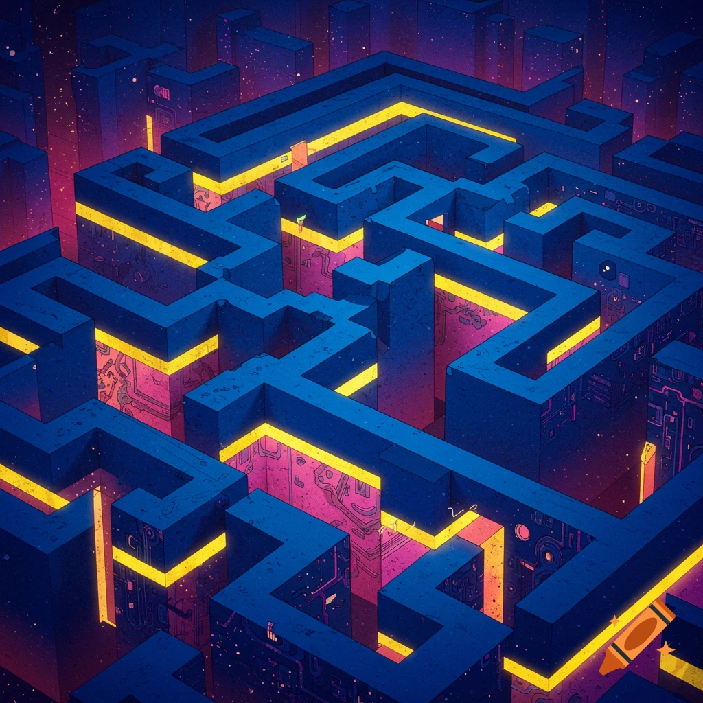 A complex blue maze with glowing yellow lines and a futuristic background.