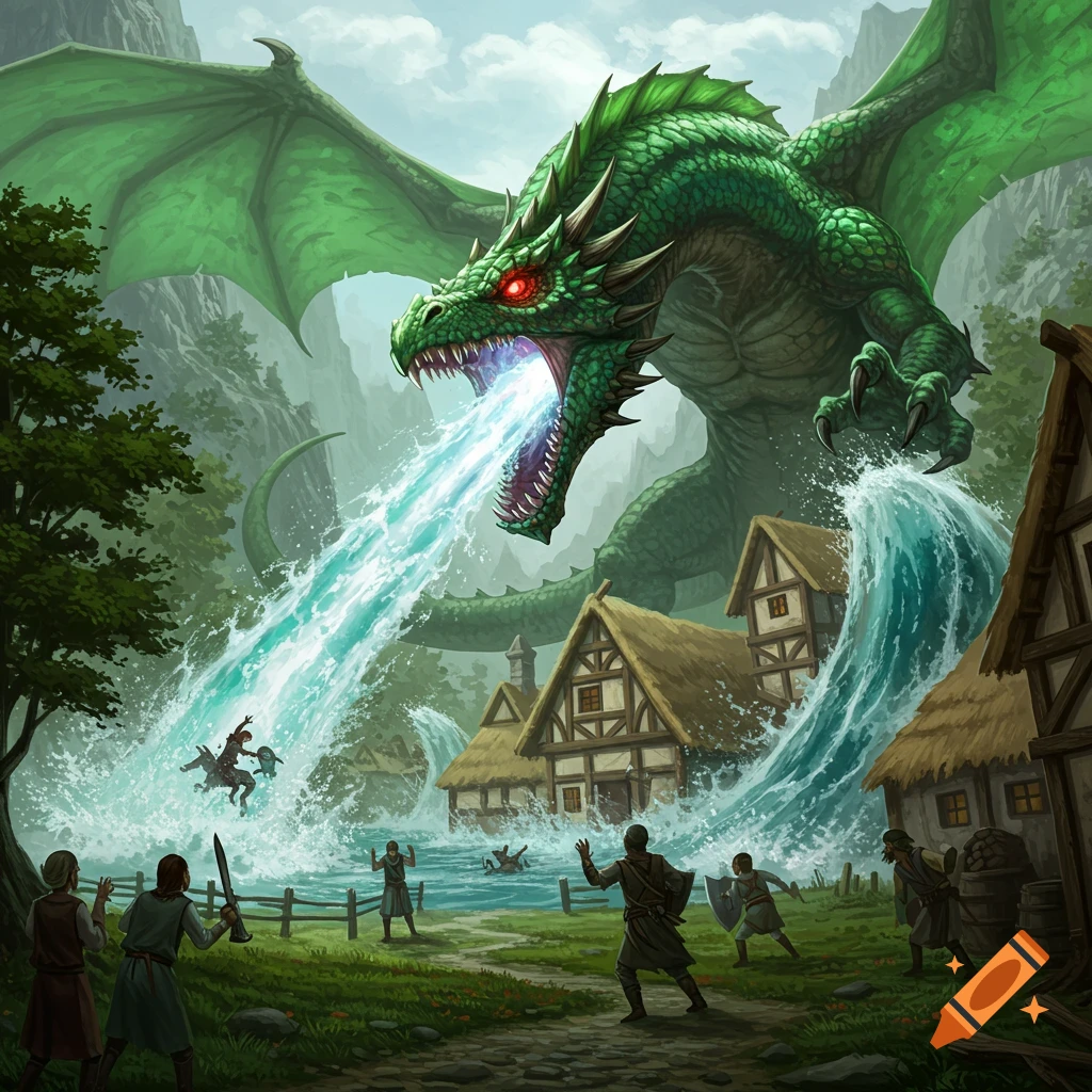 Large green dragon attacks a village with water.