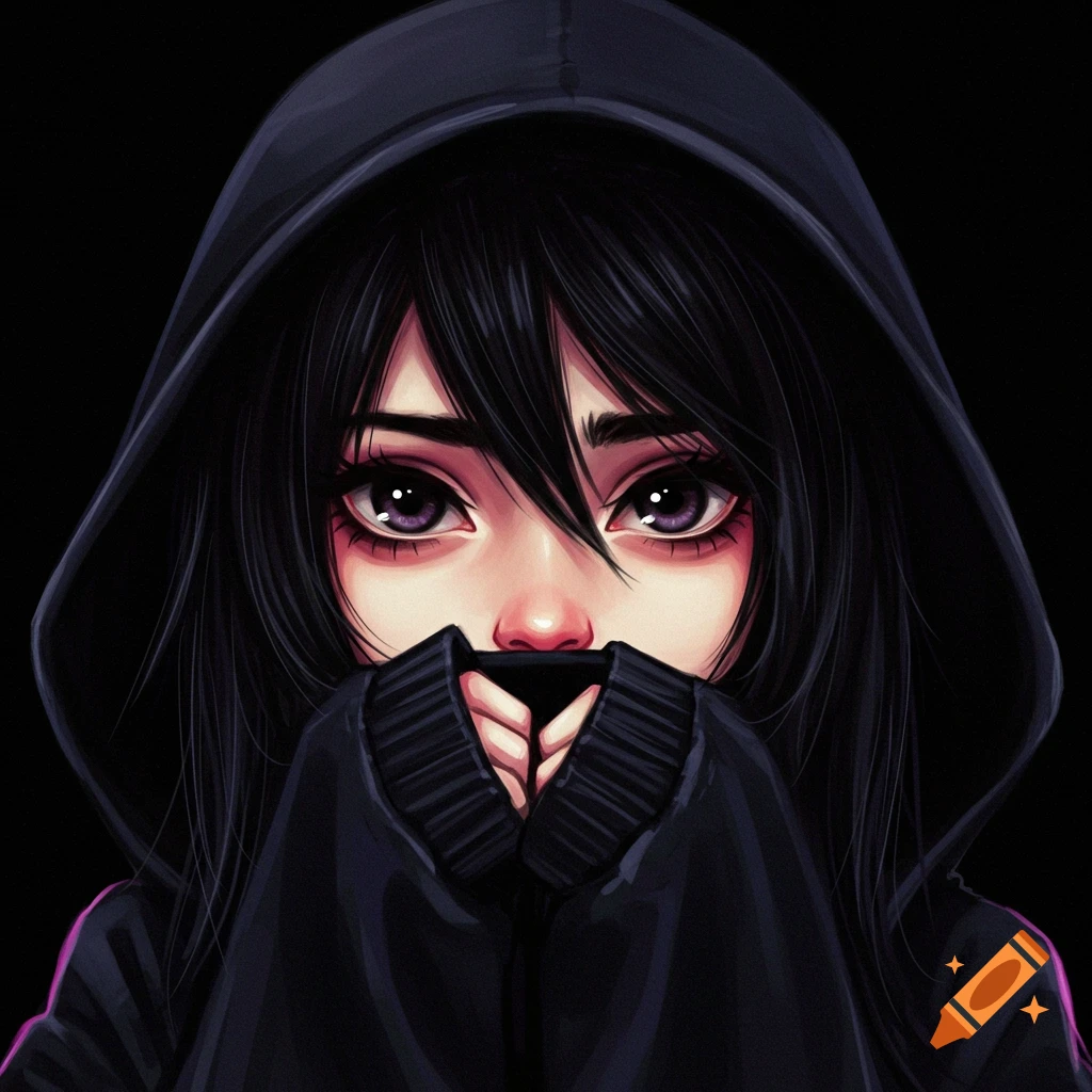 Anime portrait of a girl with black hair and hood covering her mouth with sleeves