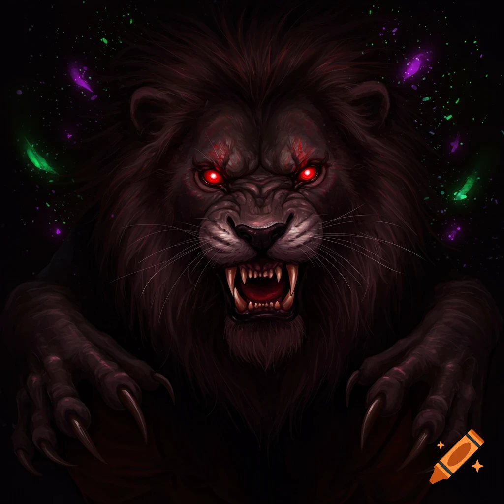 A fearsome lion with glowing red eyes, sharp claws, and bared teeth.