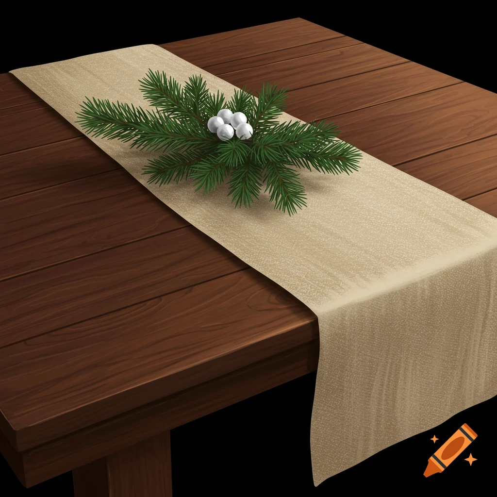 A wooden table is adorned with a burlap table runner and a pine sprig centerpiece featuring white balls.