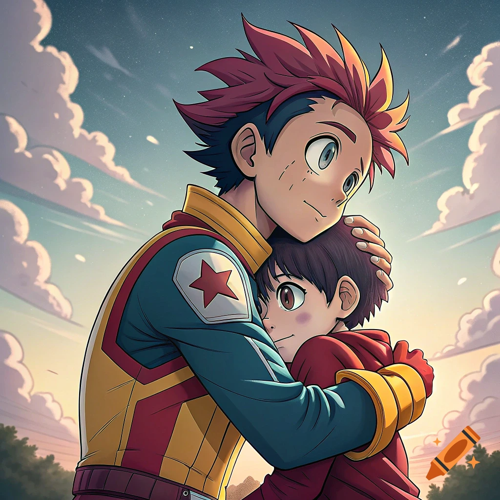 Two anime characters, one taller with red hair and a blue/yellow jacket, hug a shorter one in a red hoodie under a cloudy sky.