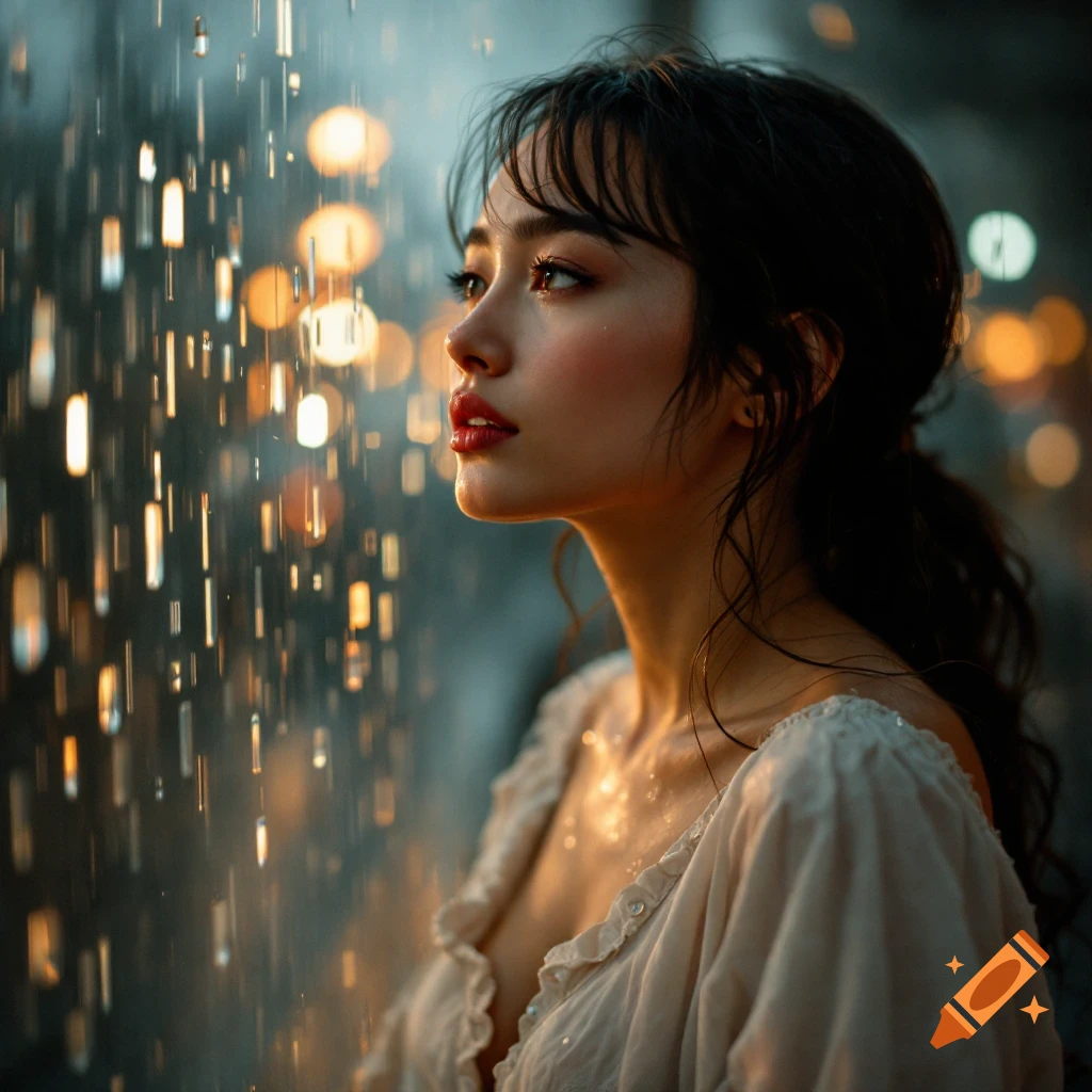 Portrait of a woman looking away in the rain with bokeh lights