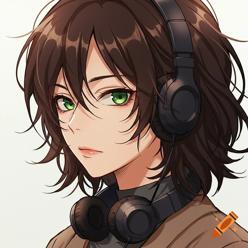 Anime style portrait of a person with headphones.