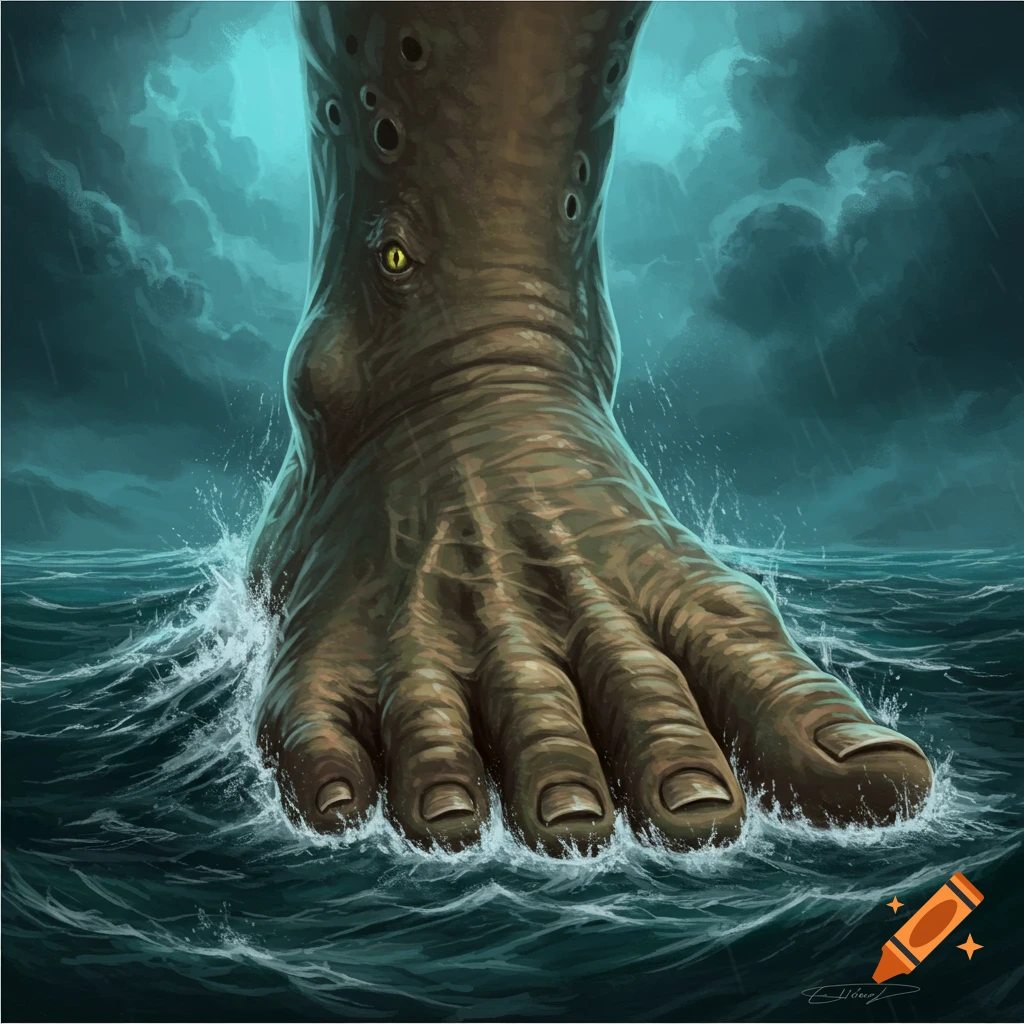 A monstrous foot with an eye on its ankle emerges from a stormy sea.