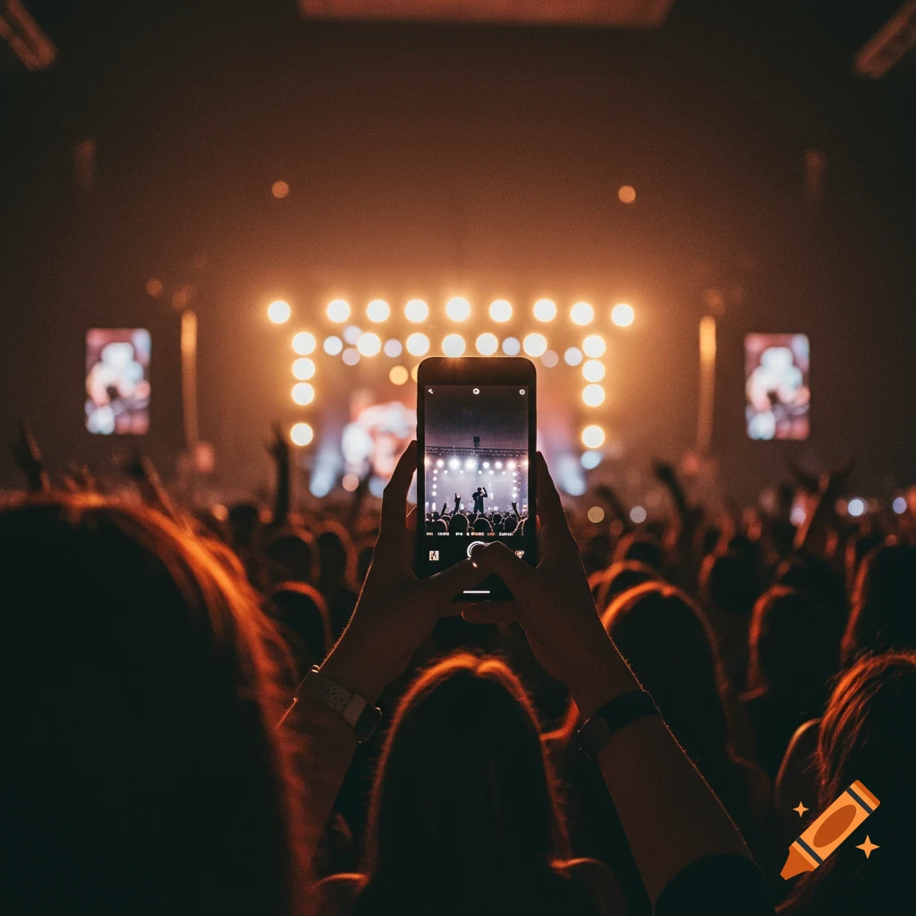 Person holding a phone recording a blurry image of a concert.