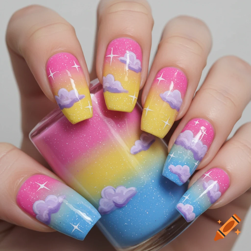 Hand holding nail polish bottle; nails painted with pink, yellow, blue gradient, clouds, and sparkles.