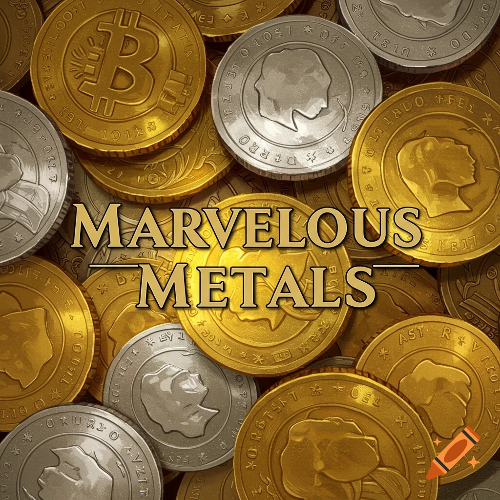 Pile of gold and silver coins with the text Marvelous Metals