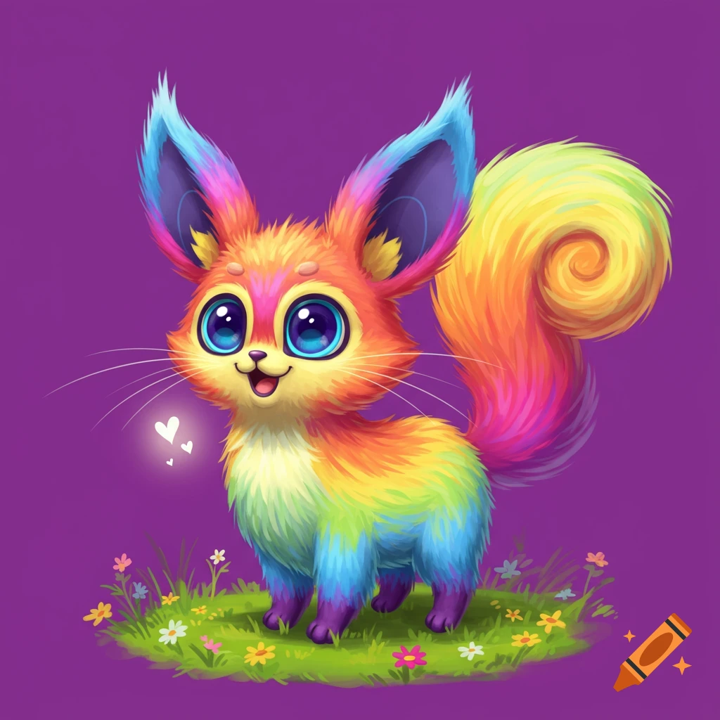 Cute rainbow fantasy creature on grass with flowers