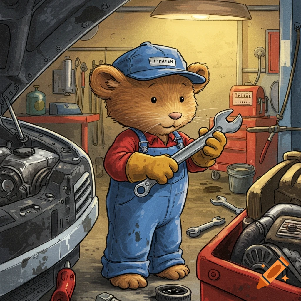 A cartoon mouse wearing overalls holds a wrench in a garage, working on a car engine.