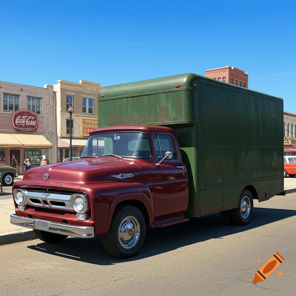 A maroon 1957 Ford F-600 box truck is parked on a street.