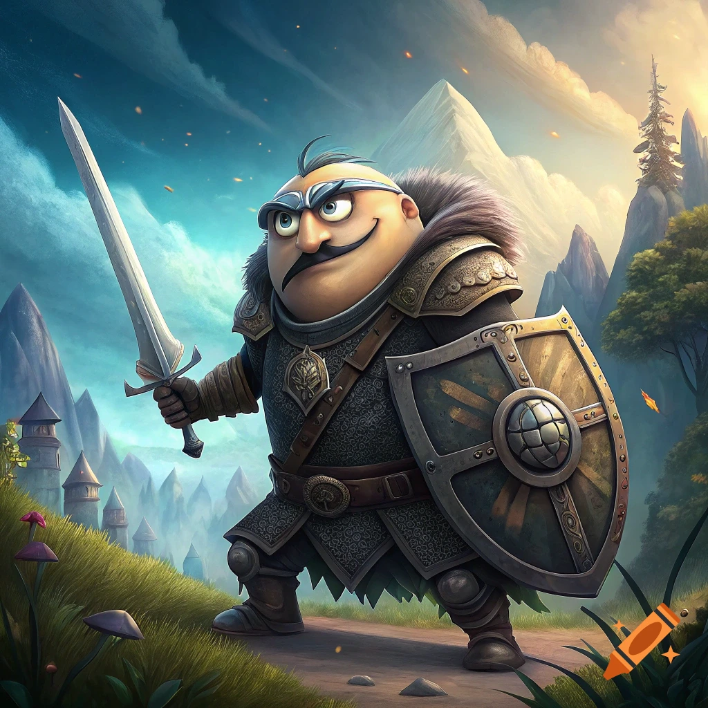 Cartoonish character resembling Gru in fantasy armor with sword and shield, in a landscape with mountains and castles.