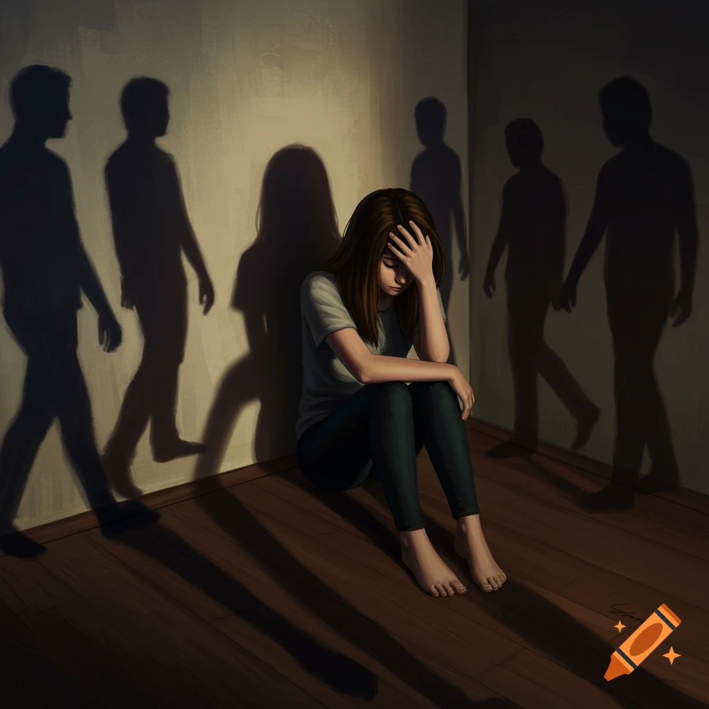 A person sits alone in a corner, with shadows of figures walking past projected on the wall.