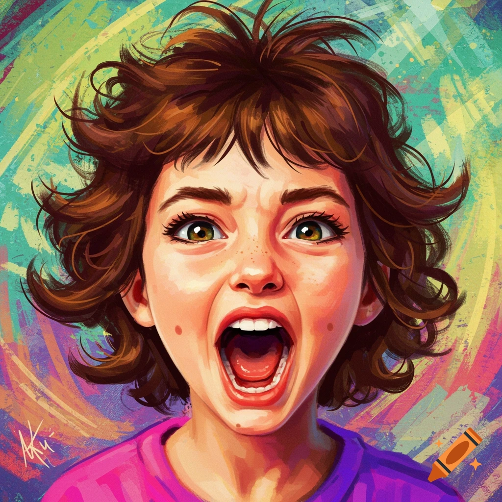 A young girl with short brown hair is screaming against a vibrant background.