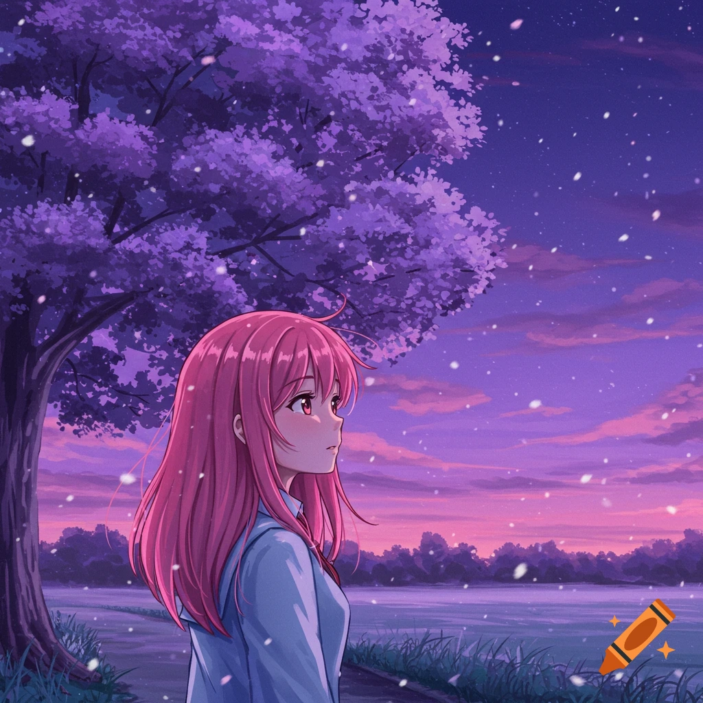 Anime girl with pink hair next to a purple tree as snow falls at sunset.