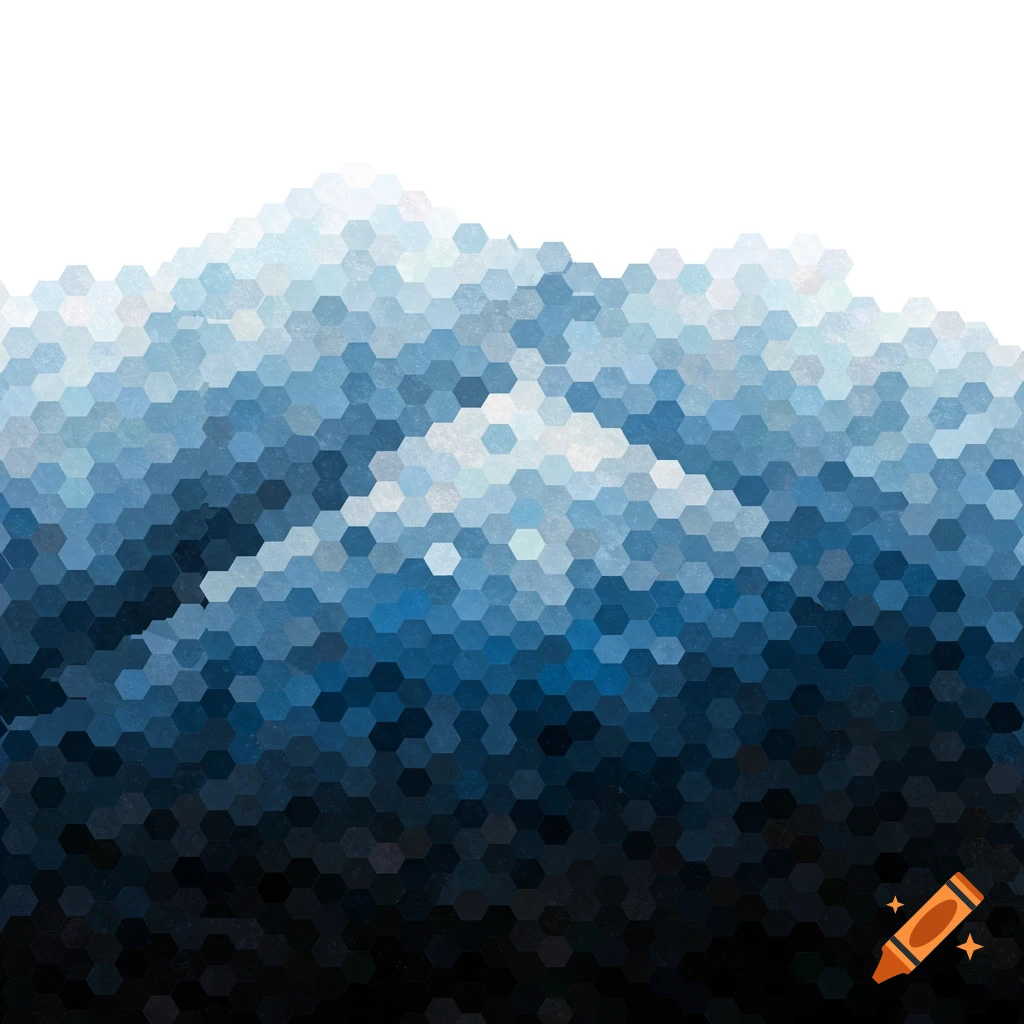 Mountain shape made of blue and white hexagonal pixels.