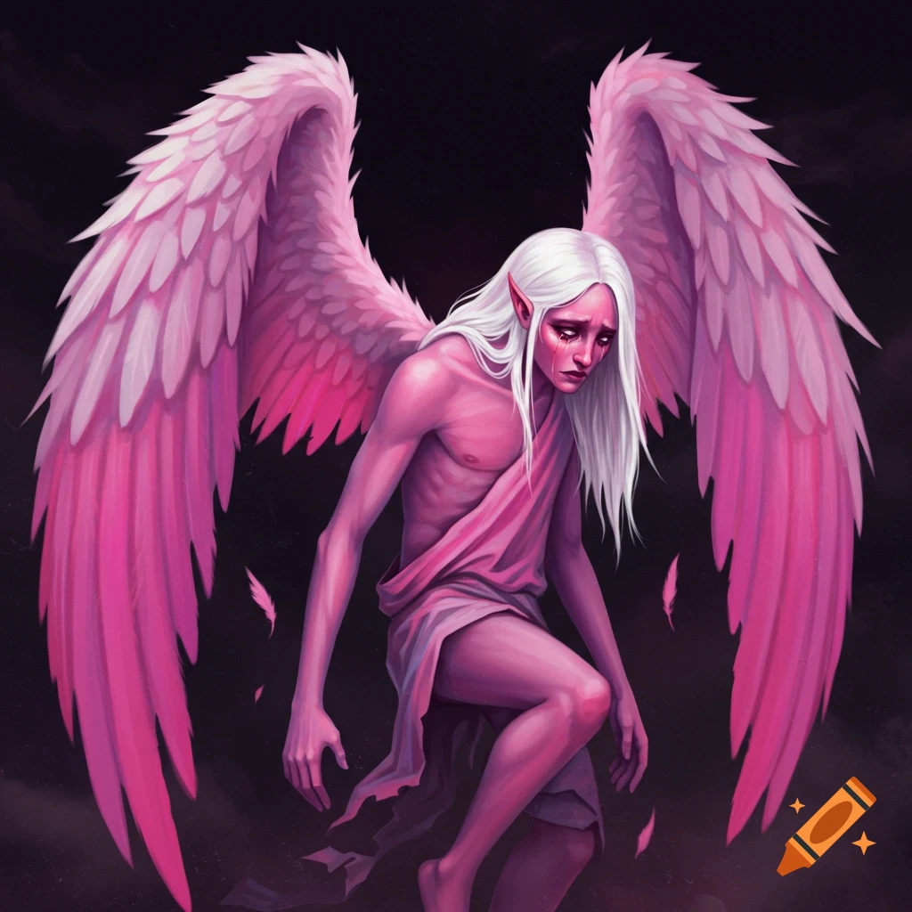 A gaunt fallen angel with pink skin, white hair, and large pink wings, kneeling and crying.