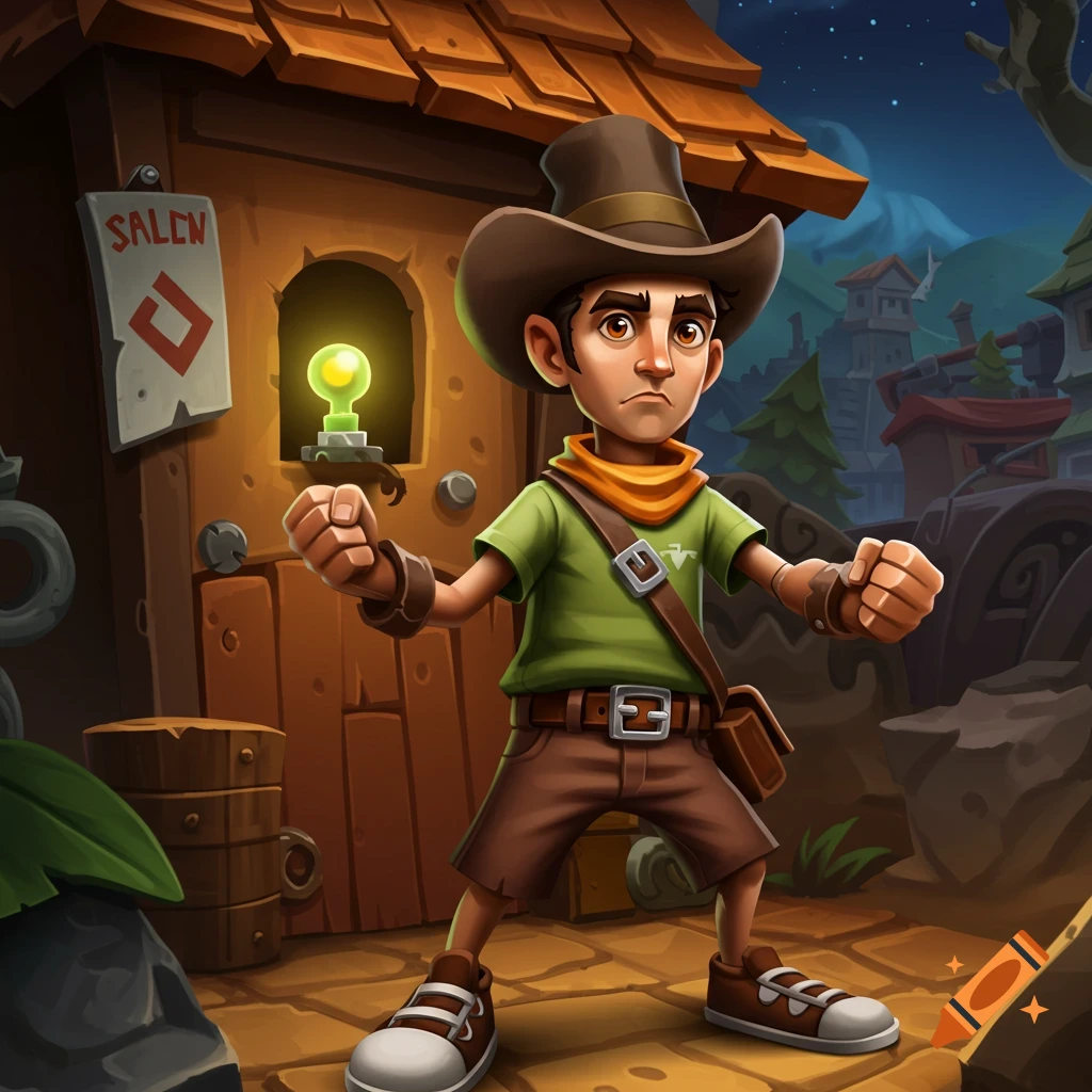 A cartoon adventurer character wearing a hat stands in front of a building at night.