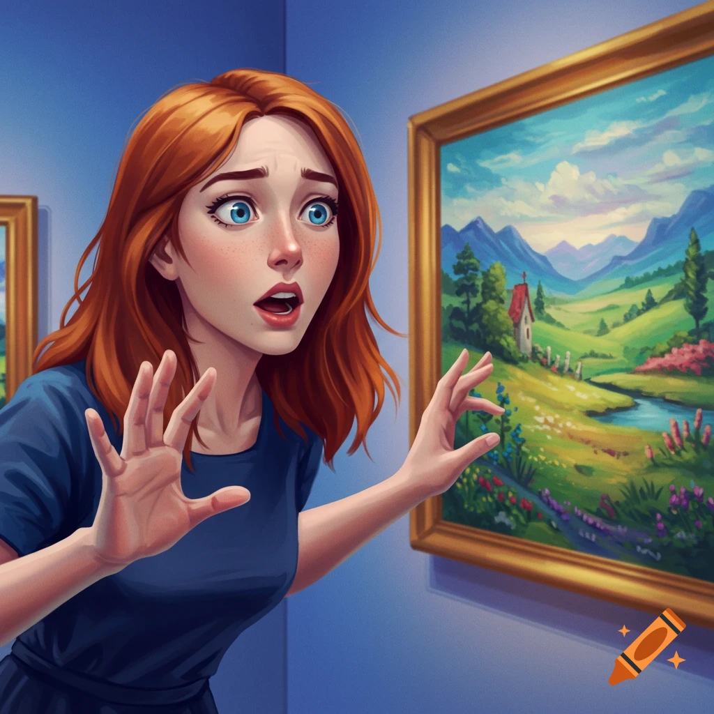 A shocked woman looking at a landscape painting in an art gallery.