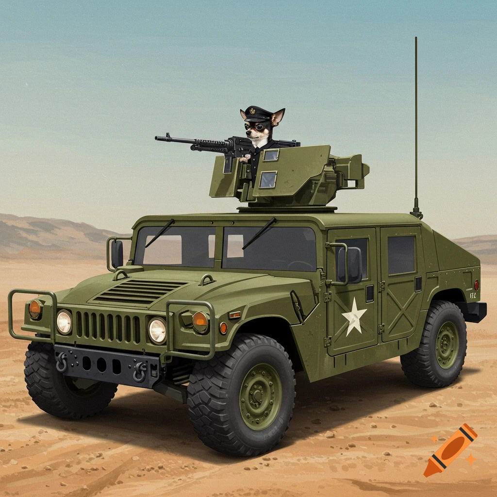A chihuahua in a military uniform stands on the turret of a green Humvee in a desert.