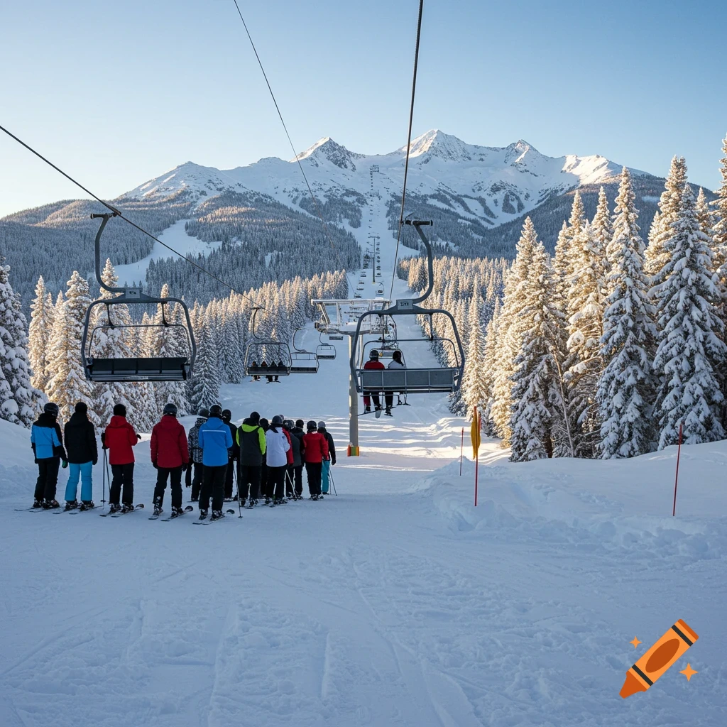 Skiers wait in line for a chairlift on a sunny winter day.