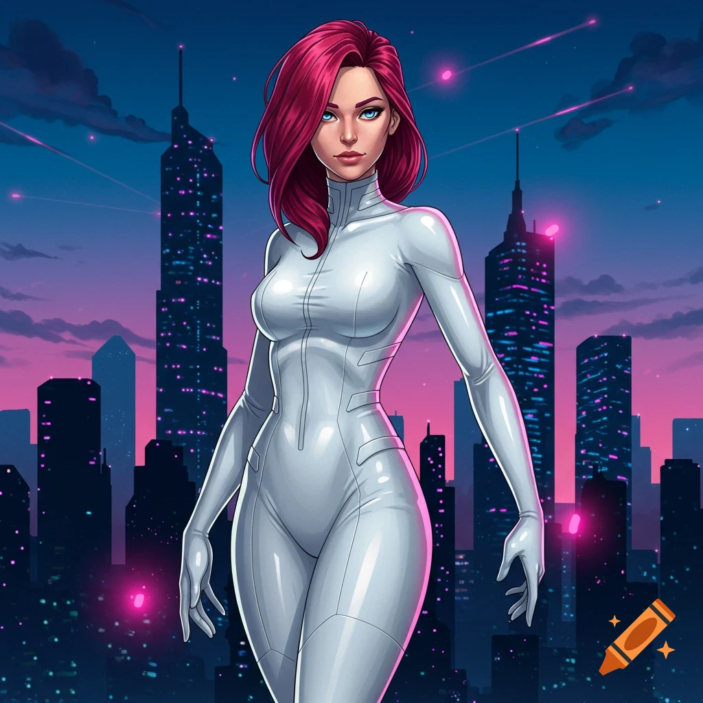 A red-haired female superheroine in a white suit stands against a city skyline at night.