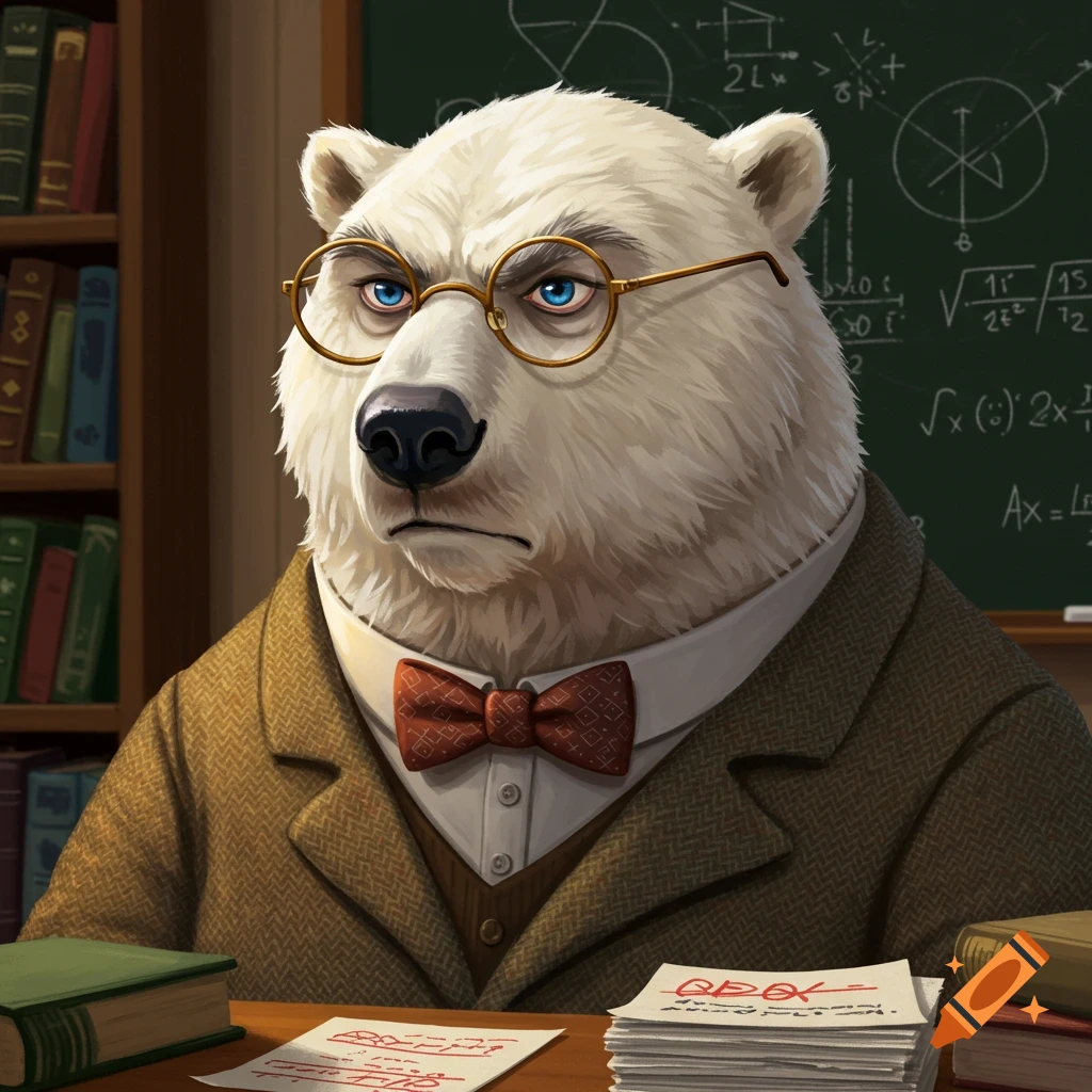 A grumpy polar bear teacher wearing glasses and a suit, sitting at a desk in a classroom.
