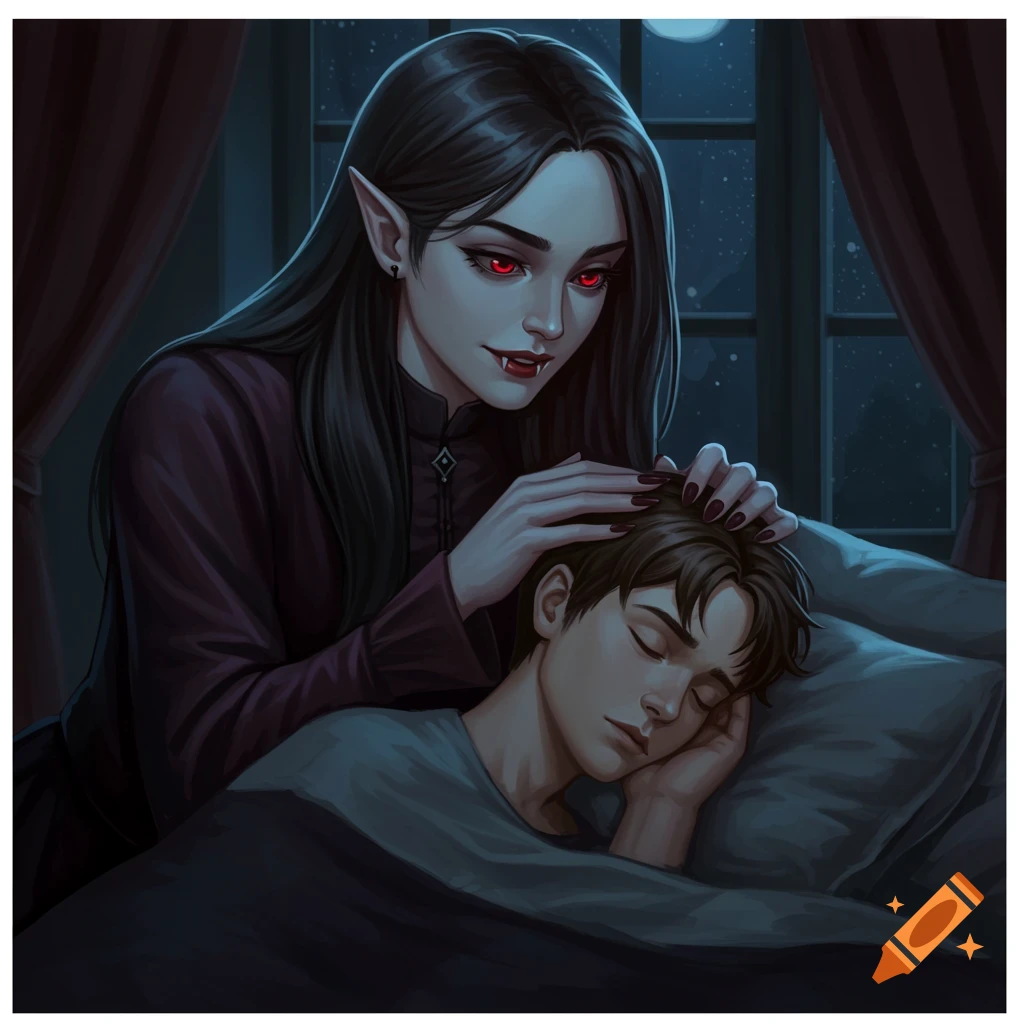 A vampire woman with red eyes gently strokes the hair of a sleeping boy in a dark bedroom.