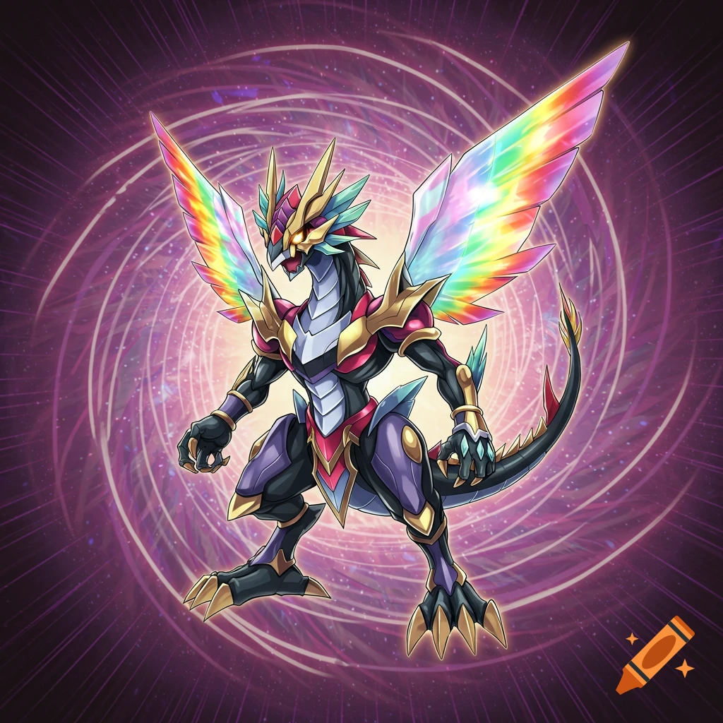 An anime-style dragon with rainbow wings stands before a purple swirling background.