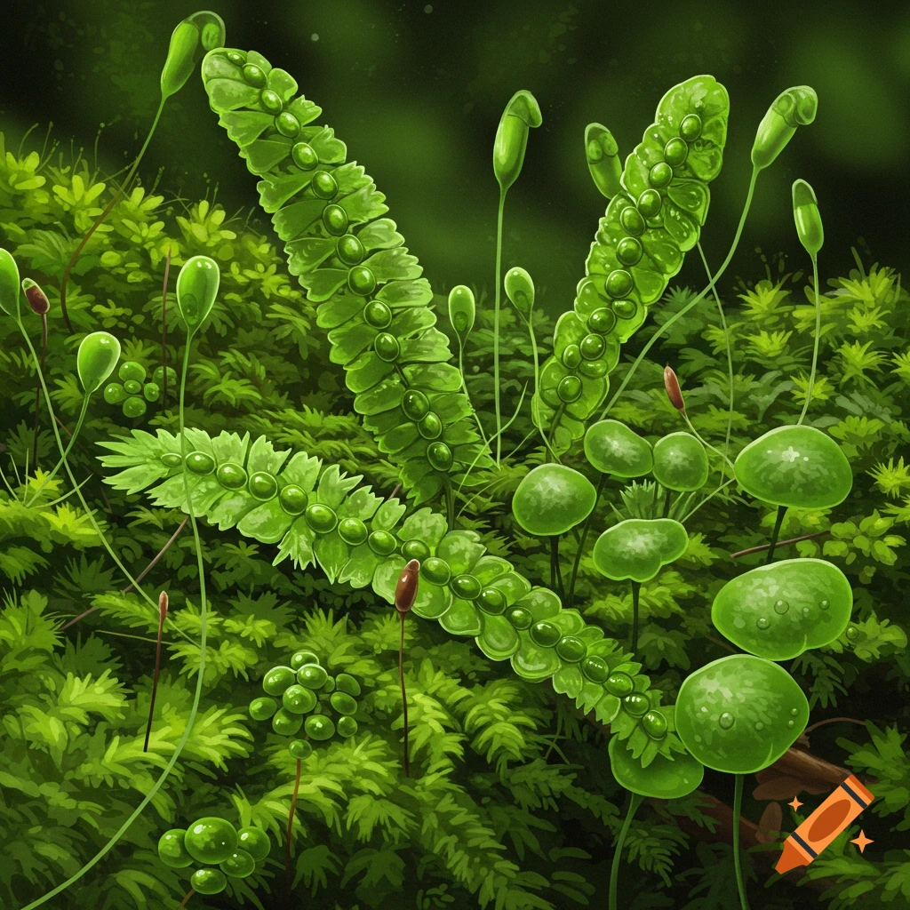 lush green moss, liverworts, and fern-like non-vascular plants