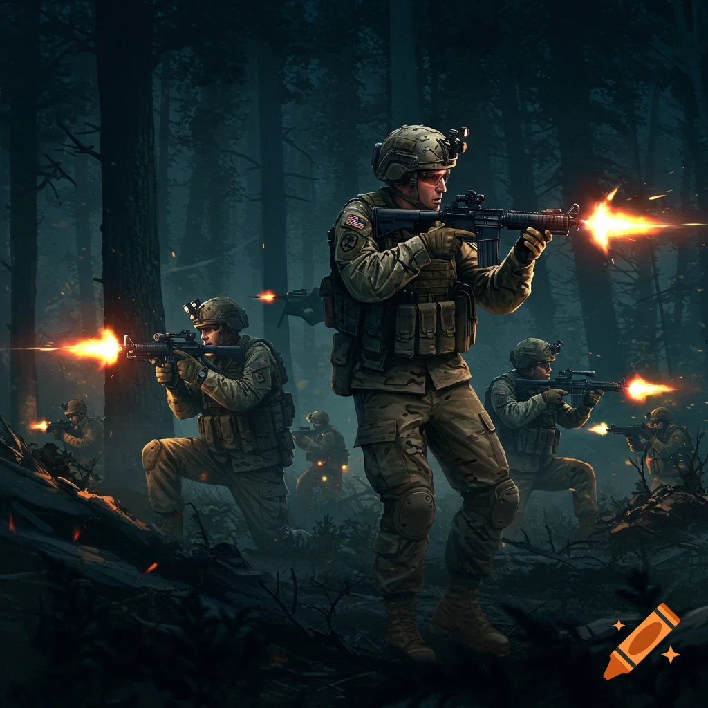 Soldiers in a dark forest combat scene with gunfire.