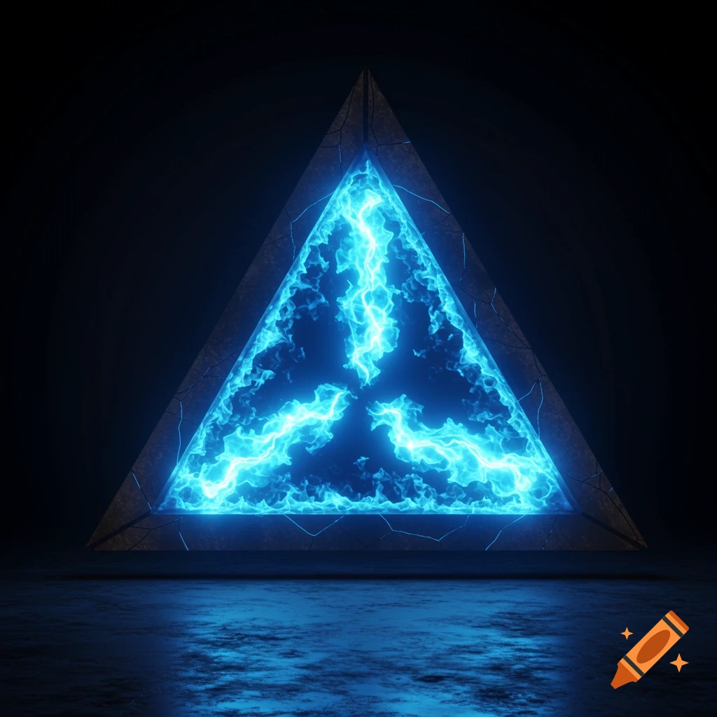 A dark image of a triangular structure with cracks, containing swirling blue electric energy within.