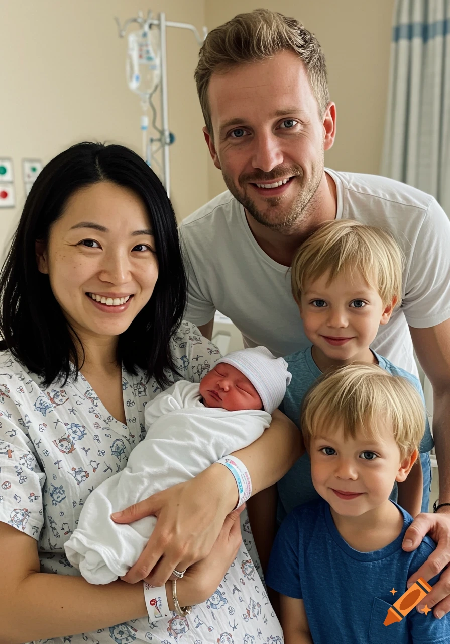 A diverse family poses with a newborn baby in a hospital room.