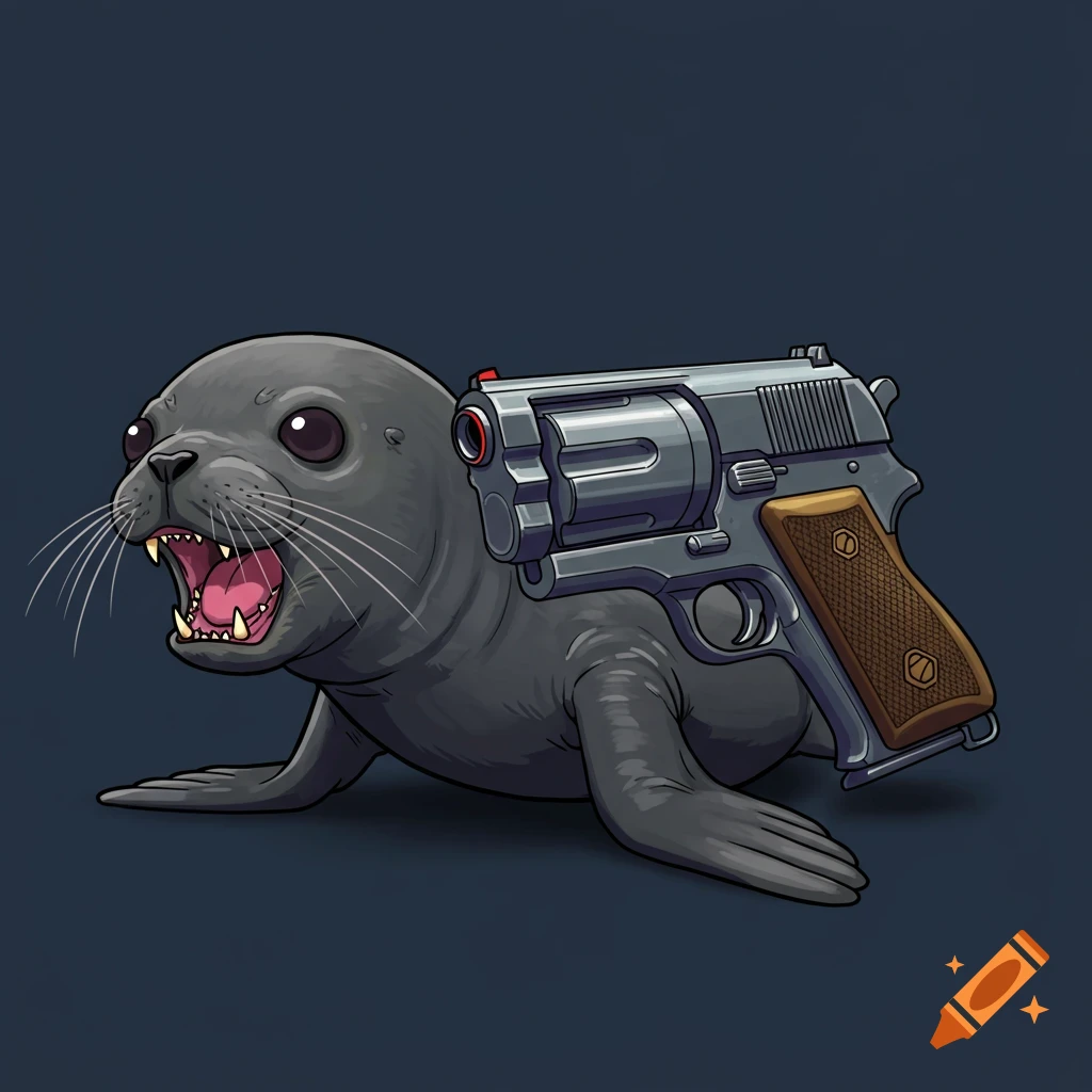 Digital illustration of a cartoon seal with a large handgun strapped to its back, on a dark background.